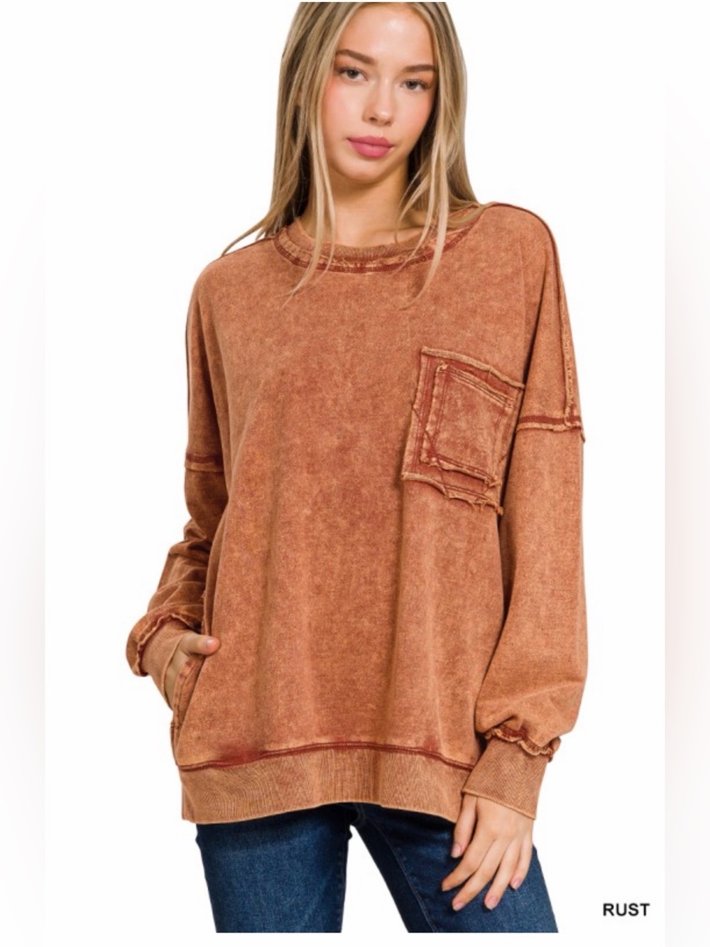 ZENANA F/TERRY ACID WASH RAW EDGE FRONT POCKET PULLOVER - Rust